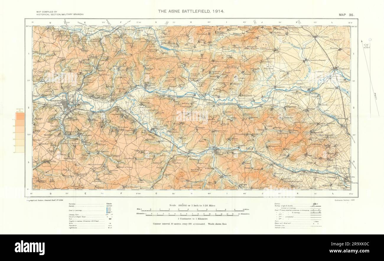 Le champ de bataille de l'Aisne, 1914. Bataille de l'Aisne. Première Guerre mondiale. 1933 carte Banque D'Images