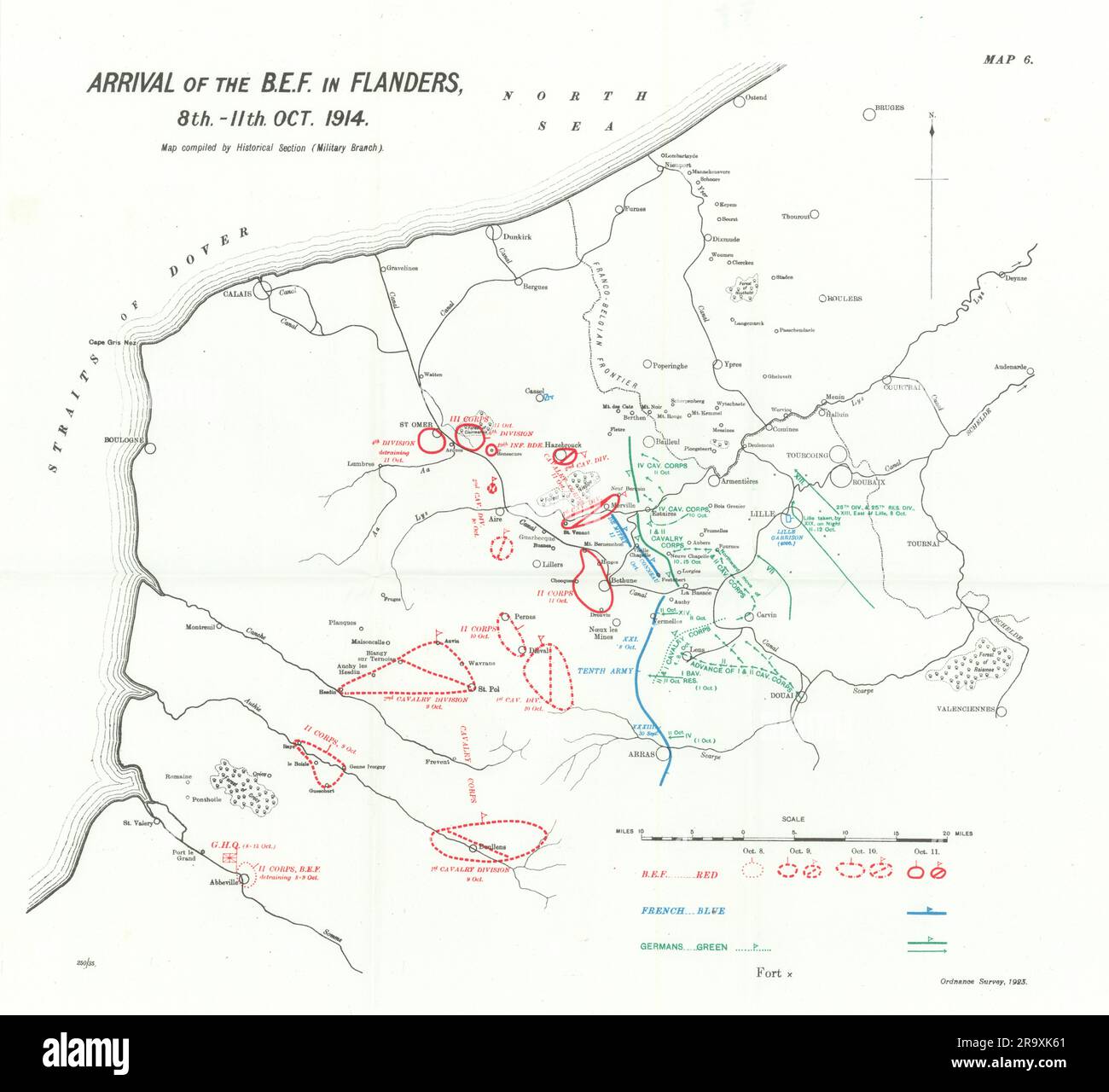 B.E.F. arrivée en Flandre, 8th-11th octobre 1914. Première Guerre mondiale. 1933 carte Banque D'Images