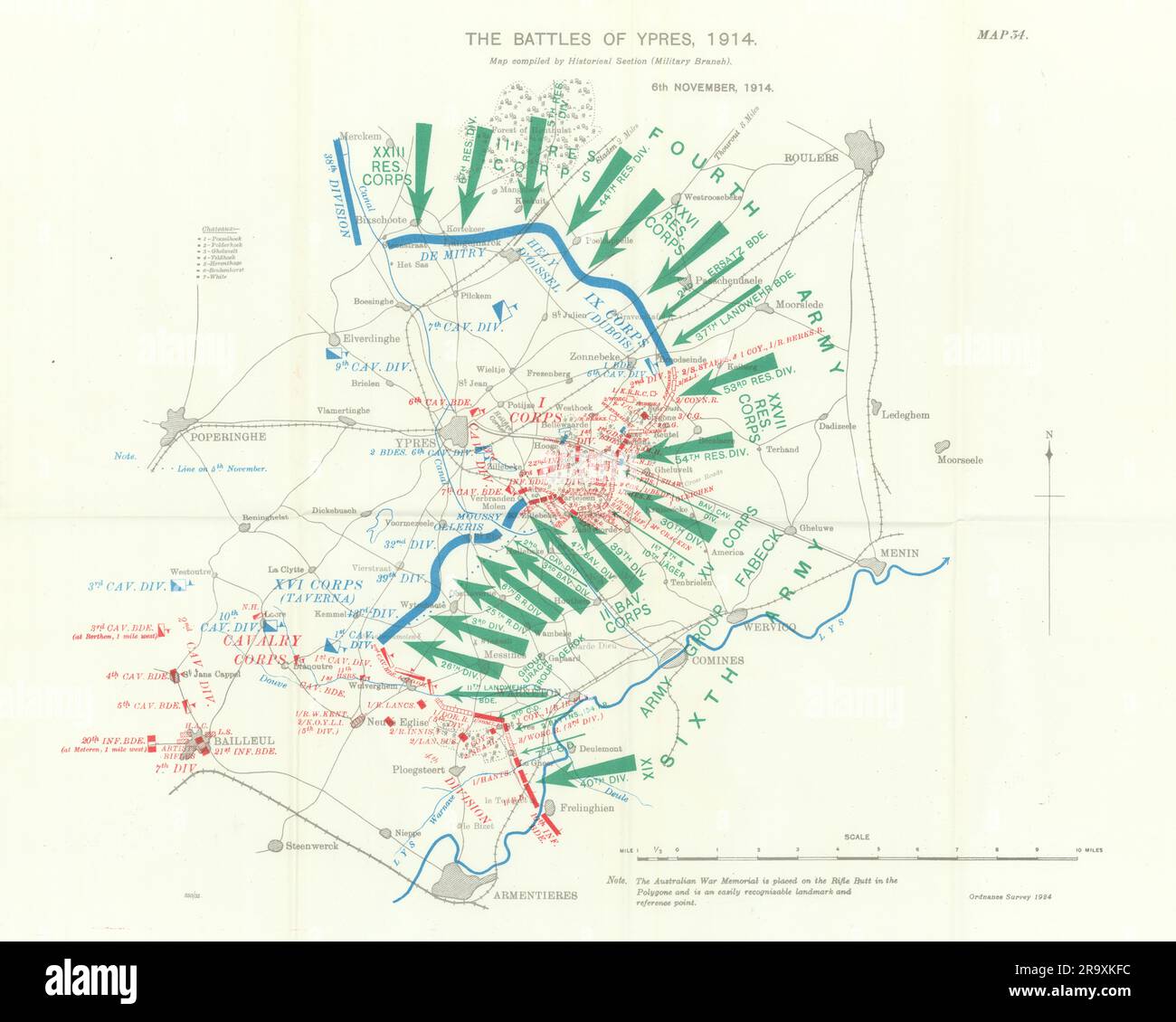 Bataille d'Ypres 1914. 6th novembre 1914. Première Guerre mondiale. 1933 ancienne carte Banque D'Images