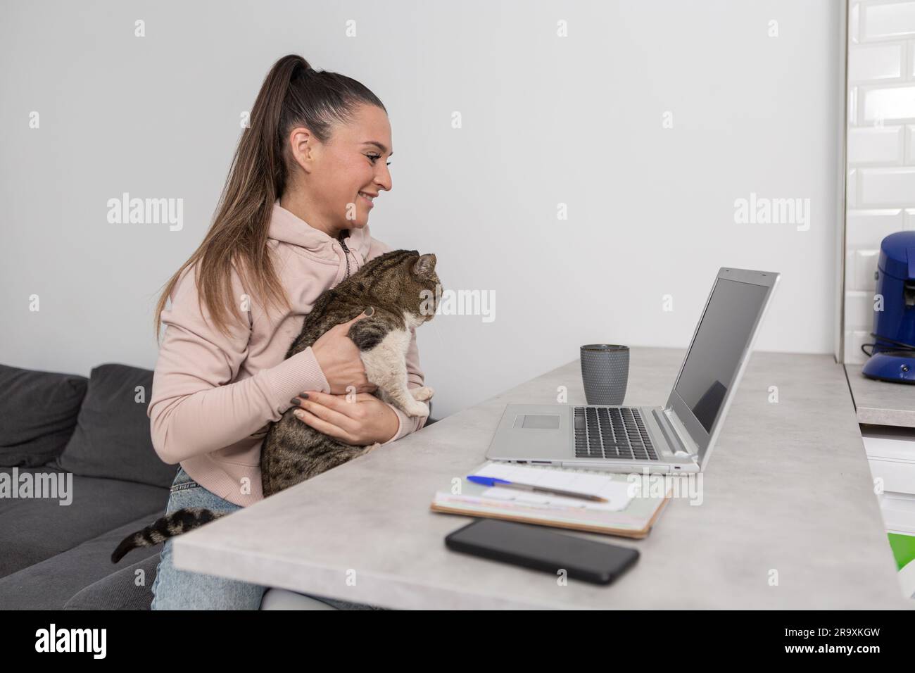 Positive jeune femme propriétaire dans des vêtements décontractés avec mignon doux chat sur les mains souriant et parlant à un vétérinaire pendant le chat vidéo à distance sur ordinateur portable Banque D'Images