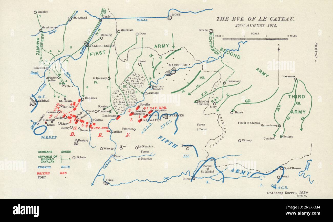 La veille de la bataille du Cateau, le 25th août 1914. Première Guerre mondiale. 1933 carte Banque D'Images