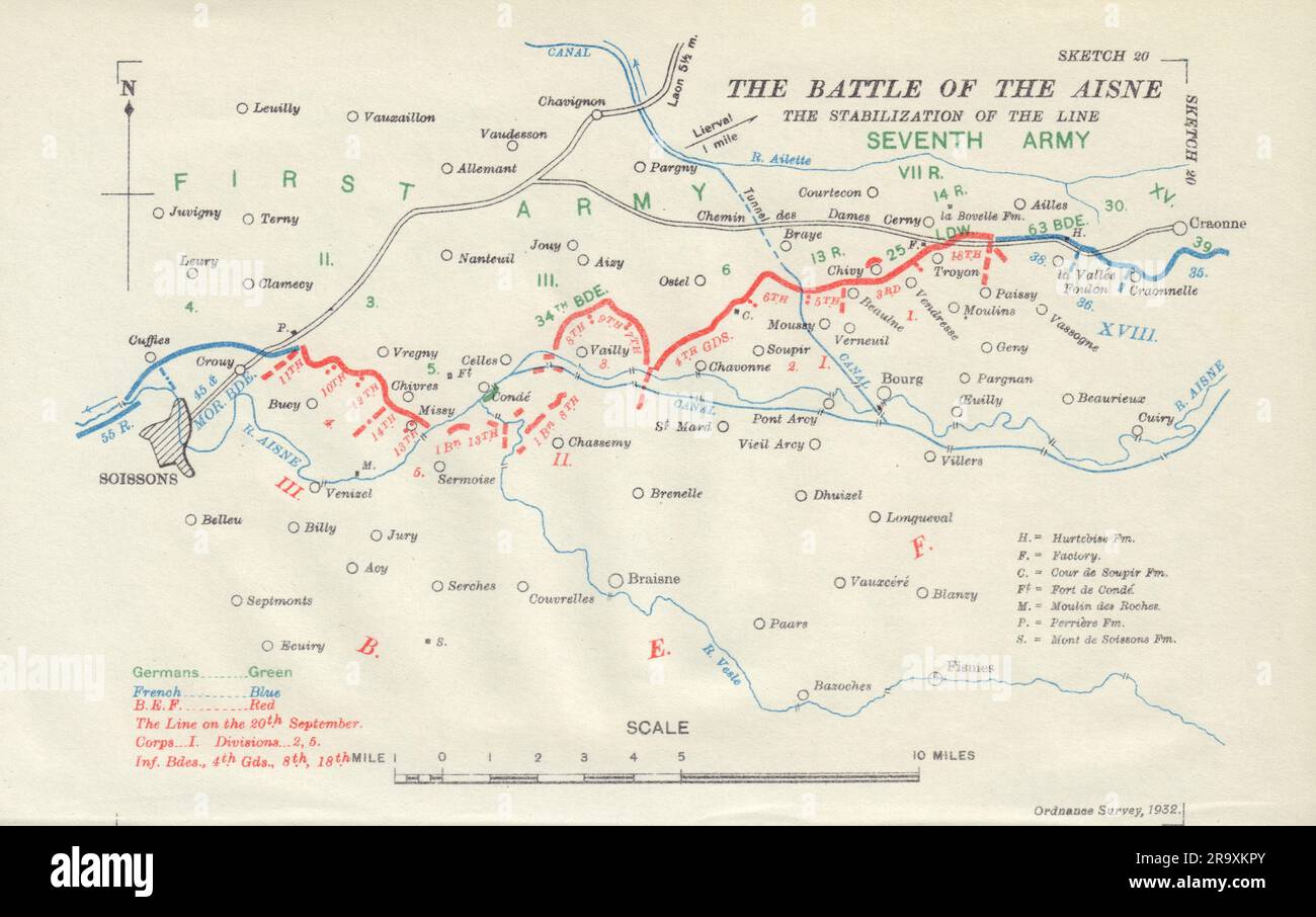 Bataille de l'Aisne. Stabilisation de la ligne. 20th septembre 1914. WW1. 1933 carte Banque D'Images