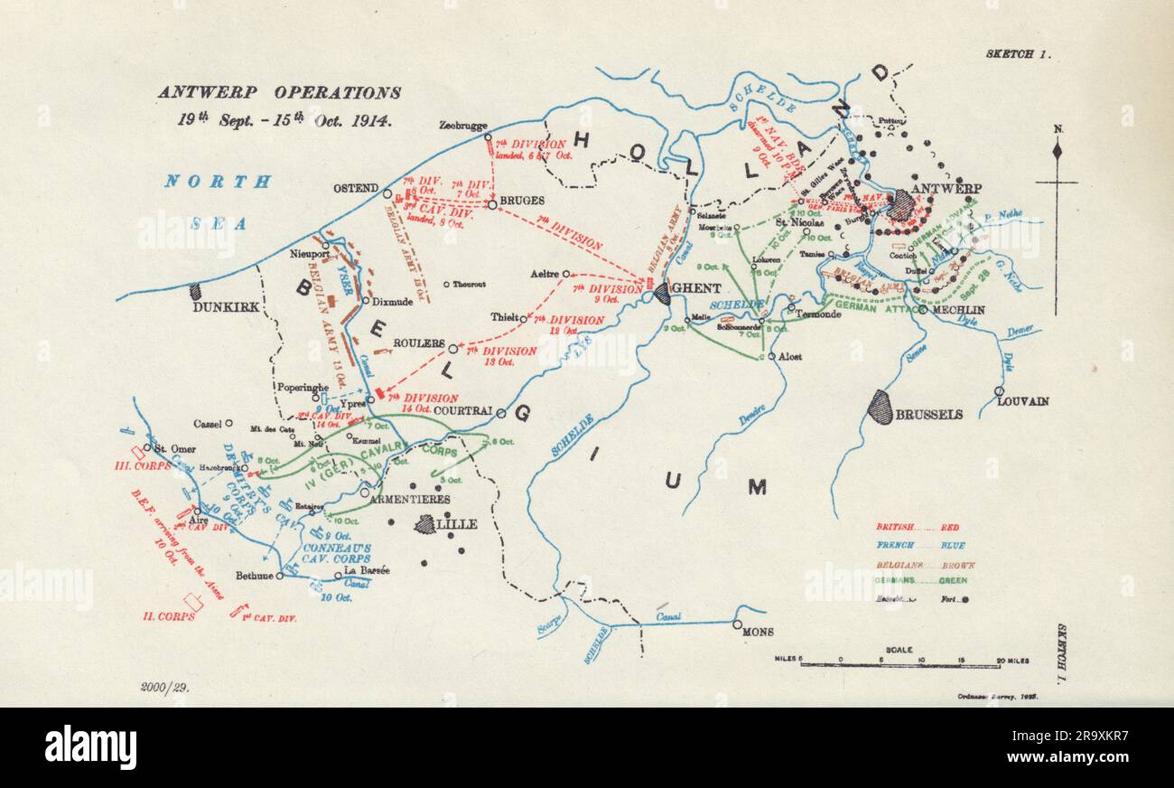 Siège d'Anvers. Opérations 19th sept-15th oct 1914. Première Guerre mondiale. 1925 carte Banque D'Images Siège d'Anvers. Opérations 19th sept-15th oct 1914. Première Guerre mondiale. 1925 carte Banque D'Images