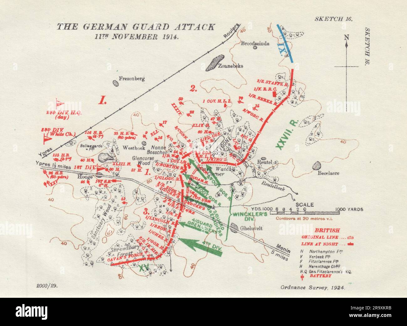 Attaque de la Garde allemande le 11th novembre 1914. Bataille d'Ypres. WW1. 1925 ancienne carte Banque D'Images