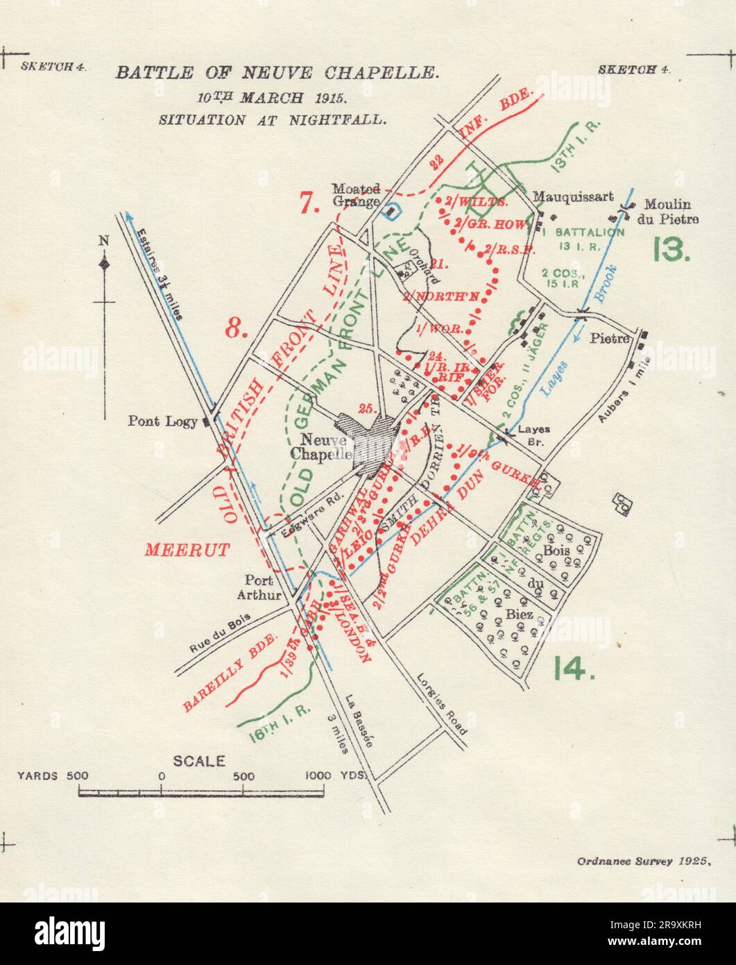 Bataille de Neuve Chapelle 10th mars 1915. Situation de la nuit. Carte de tranchées 1927 Banque D'Images