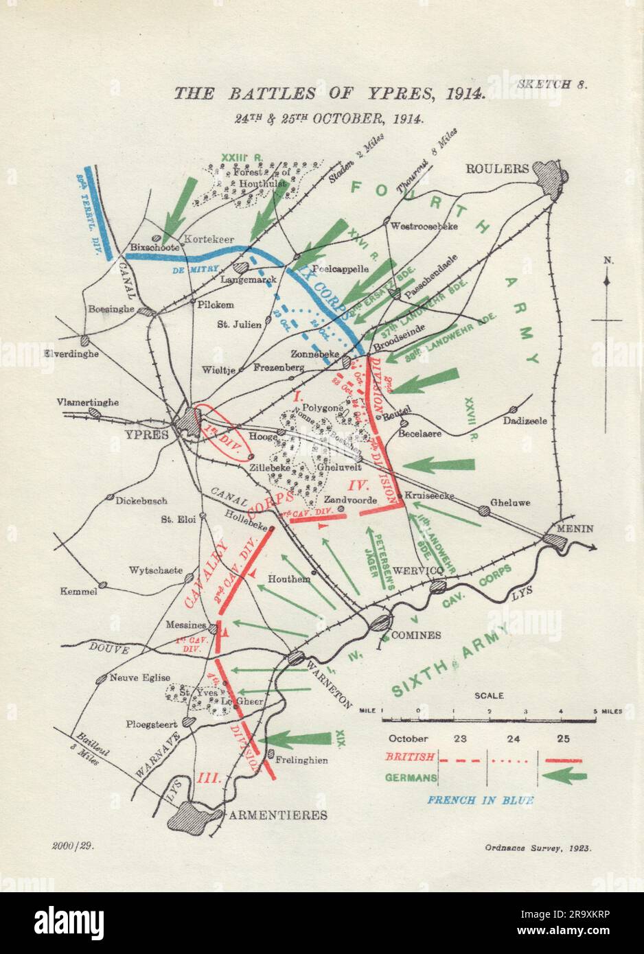 Battle of Ypres, 24th et 25th octobre 1914. Première Guerre mondiale. 1925 ancienne carte Banque D'Images