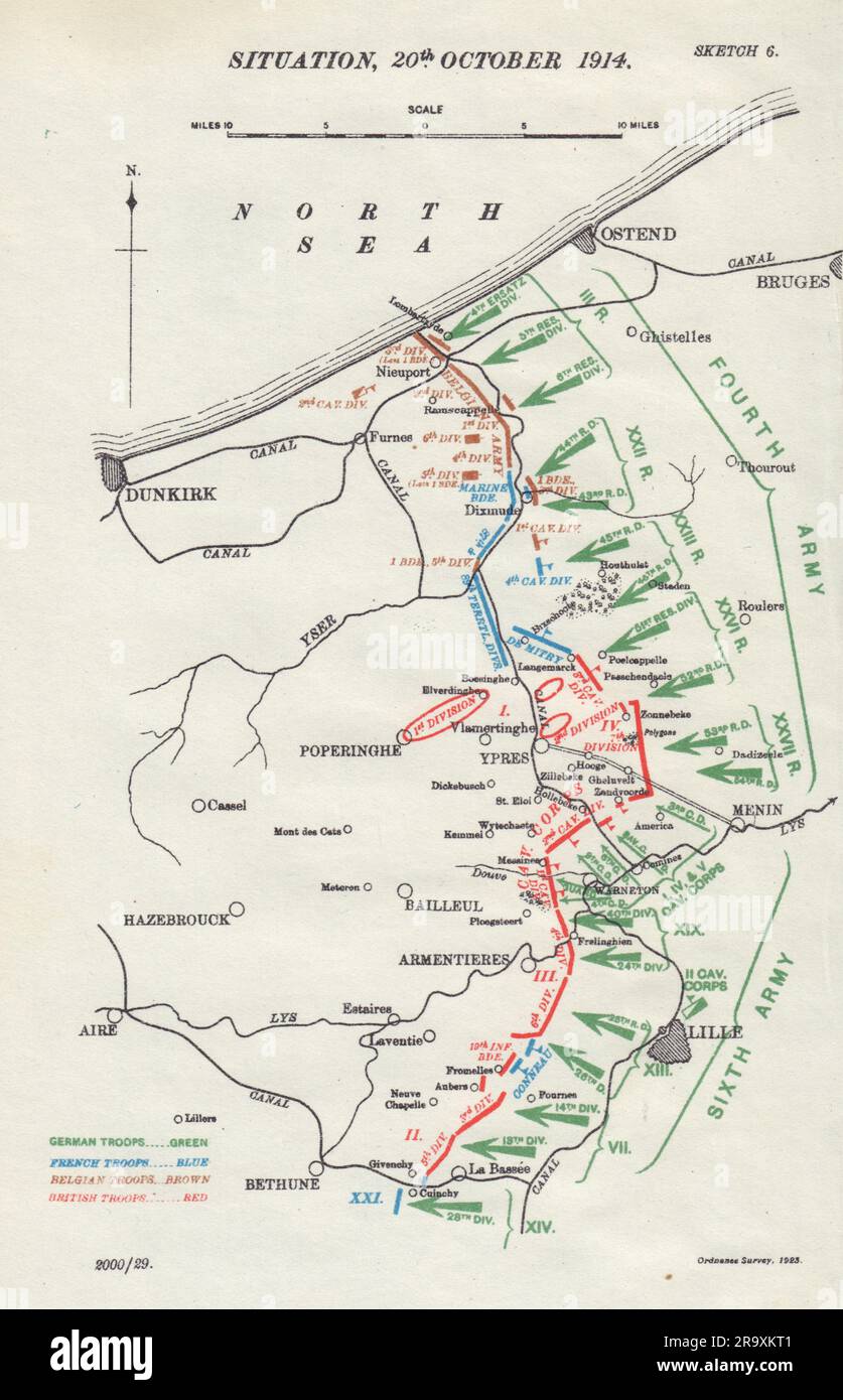 Bataille d'Ypres. Situation, 20th octobre 1914. Première Guerre mondiale. 1925 ancienne carte Banque D'Images