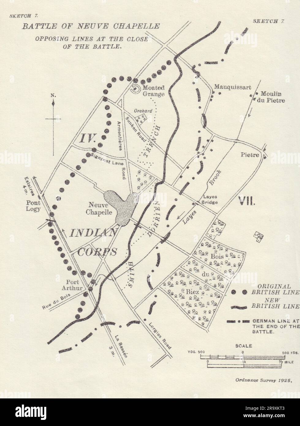Bataille de Neuve-et-Chapelle. Lignes à la fin de la bataille 1915. Trenches 1927 ancienne carte Banque D'Images