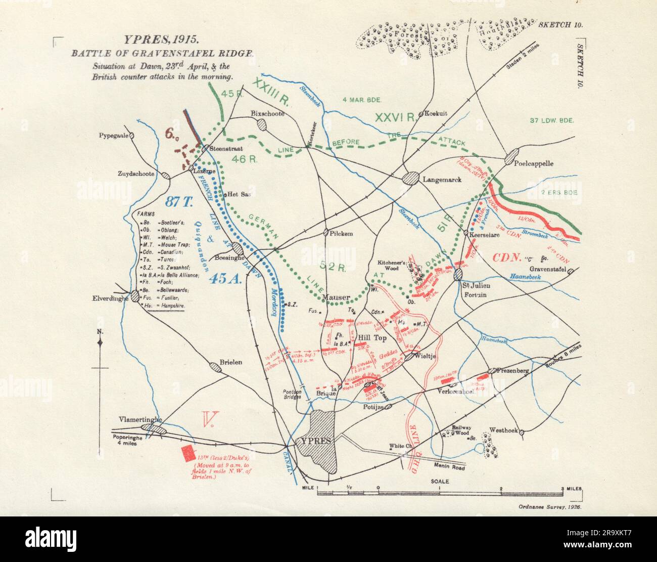Bataille de Gravenstafel Ridge. Matin 23rd avril 1915. Ypres. WW1. 1927 carte Banque D'Images