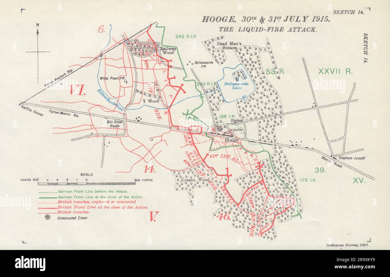 Bataille de Hooge, 30-31st juillet 1915. Attaque de feu liquide. Ypres. Carte de tranchées 1928 Banque D'Images