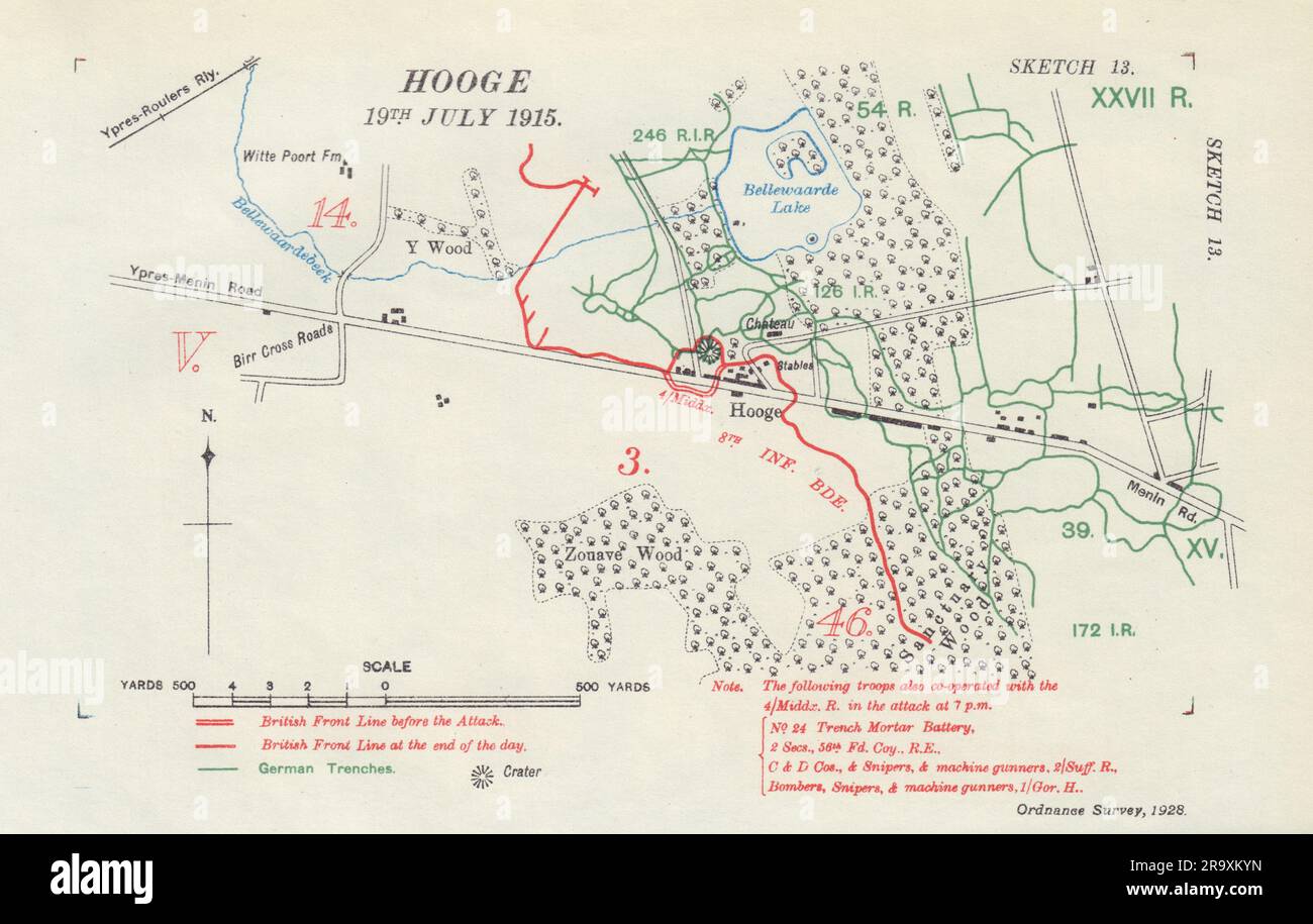 Hooge, 19th juillet 1915. Bellawaarde. Première Guerre mondiale. Trenches 1928 ancienne carte Banque D'Images