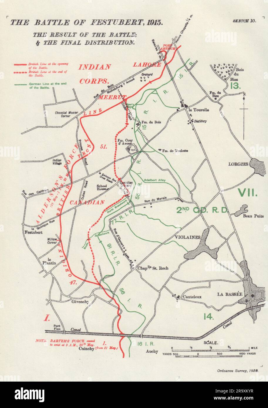 Bataille de Festubert, 1915. Résultat de la bataille et distribution finale. Carte de tranchées 1928 Banque D'Images