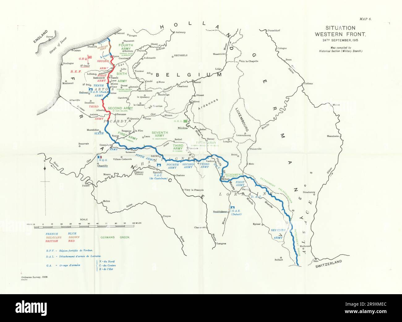 Situation Front occidental 24th septembre 1915. Première Guerre mondiale. 1927 ancienne carte Banque D'Images