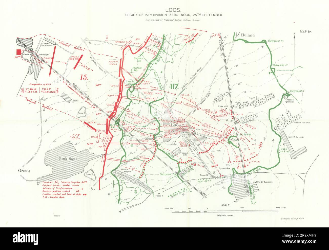 Battle of Loos, 15th Division Attack Zero-Noon 25th sept 1915. Carte de tranchées 1927 Banque D'Images Battle of Loos, 15th Division Attack Zero-Noon 25th sept 1915. Carte de tranchées 1927 Banque D'Images