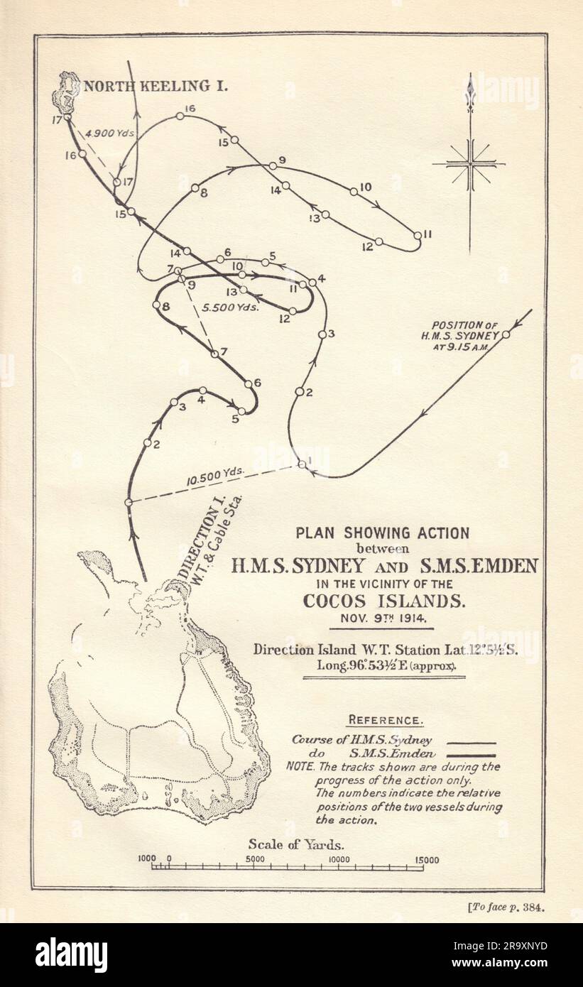 Bataille des îles Cocos, novembre 9th 1914. HMS Sydney et SMS Emden. WW1. 1920 carte Banque D'Images