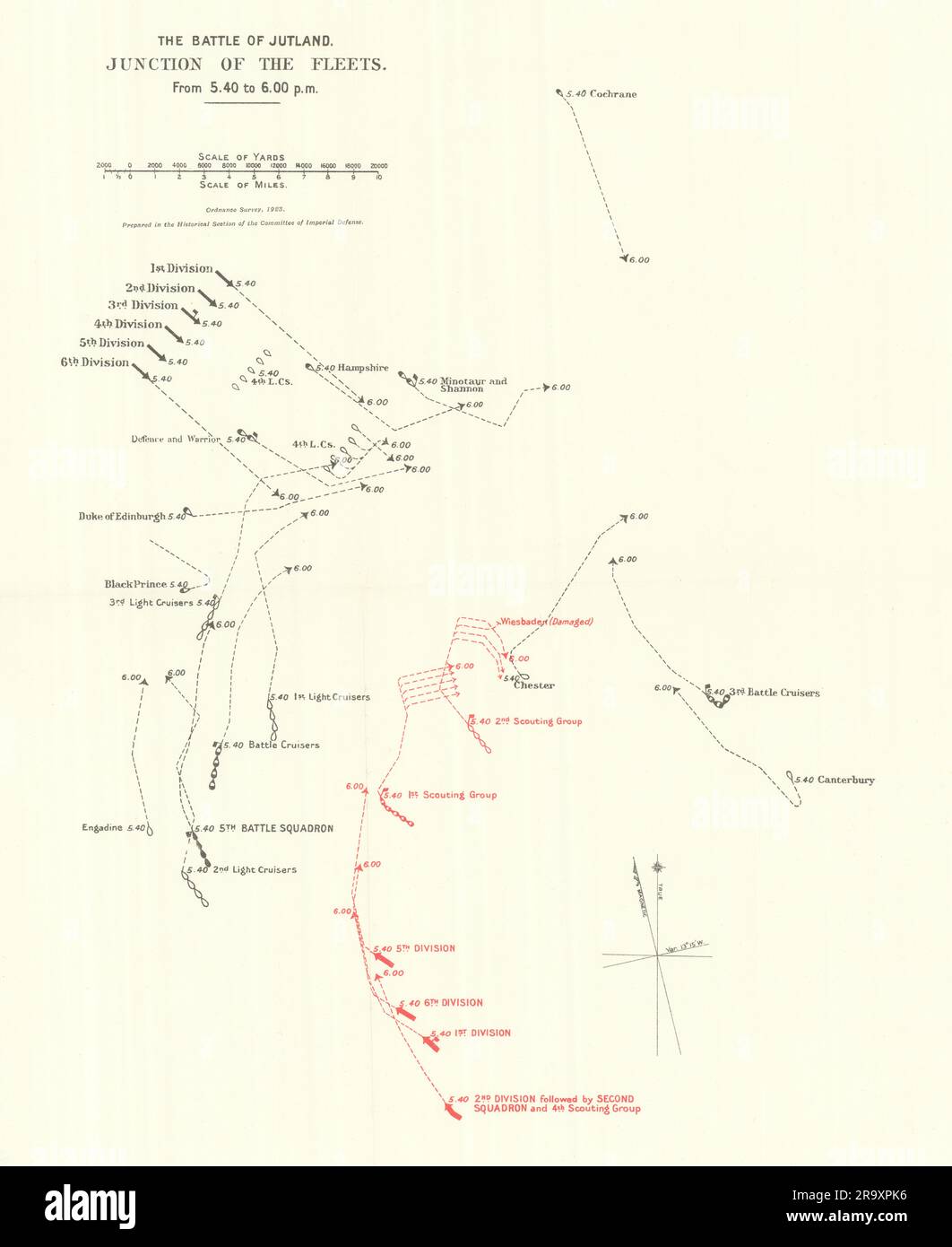 Bataille de Jutland. Jonction des flottes. 5,40-6,00 h 31 mai 1916. WW1. 1923 carte Banque D'Images
