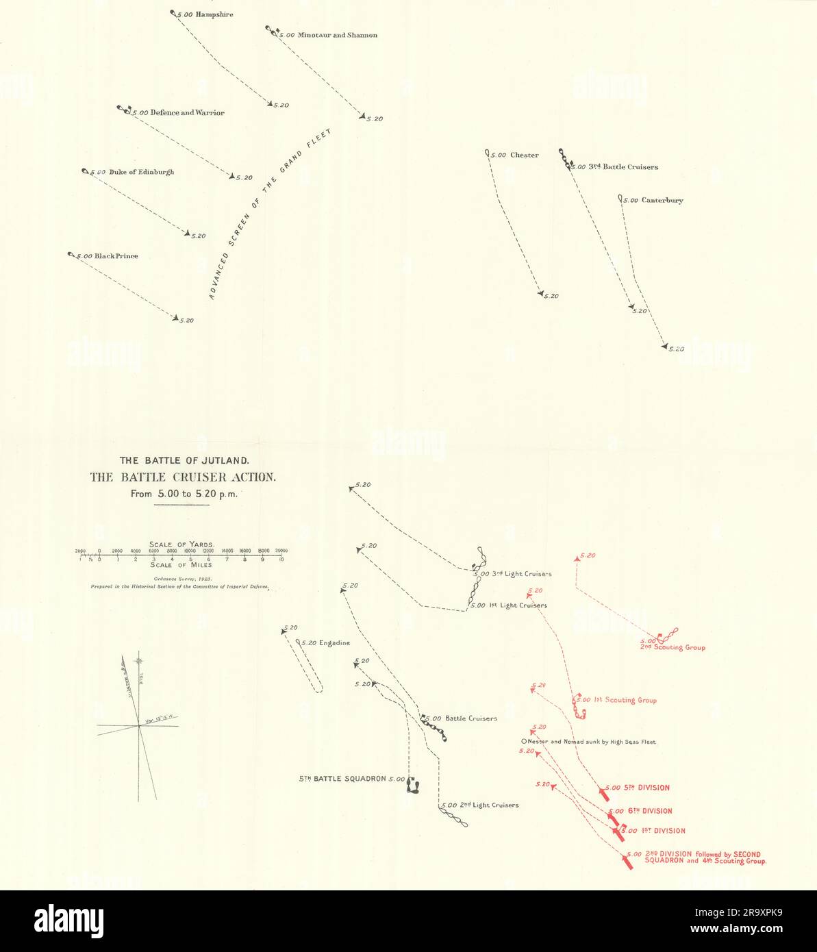 Bataille de Jutland. Battle Cruiser action 5,00-5,20 pm 31 mai 1916. WW1. 1923 carte Banque D'Images