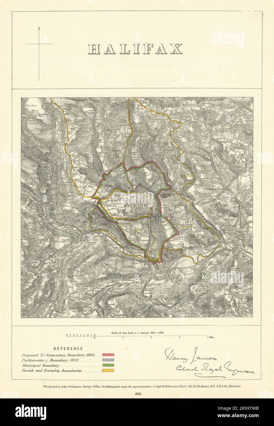 Halifax, Yorkshire. JAMES. Commission parlementaire de la frontière 1868 ancienne carte Banque D'Images