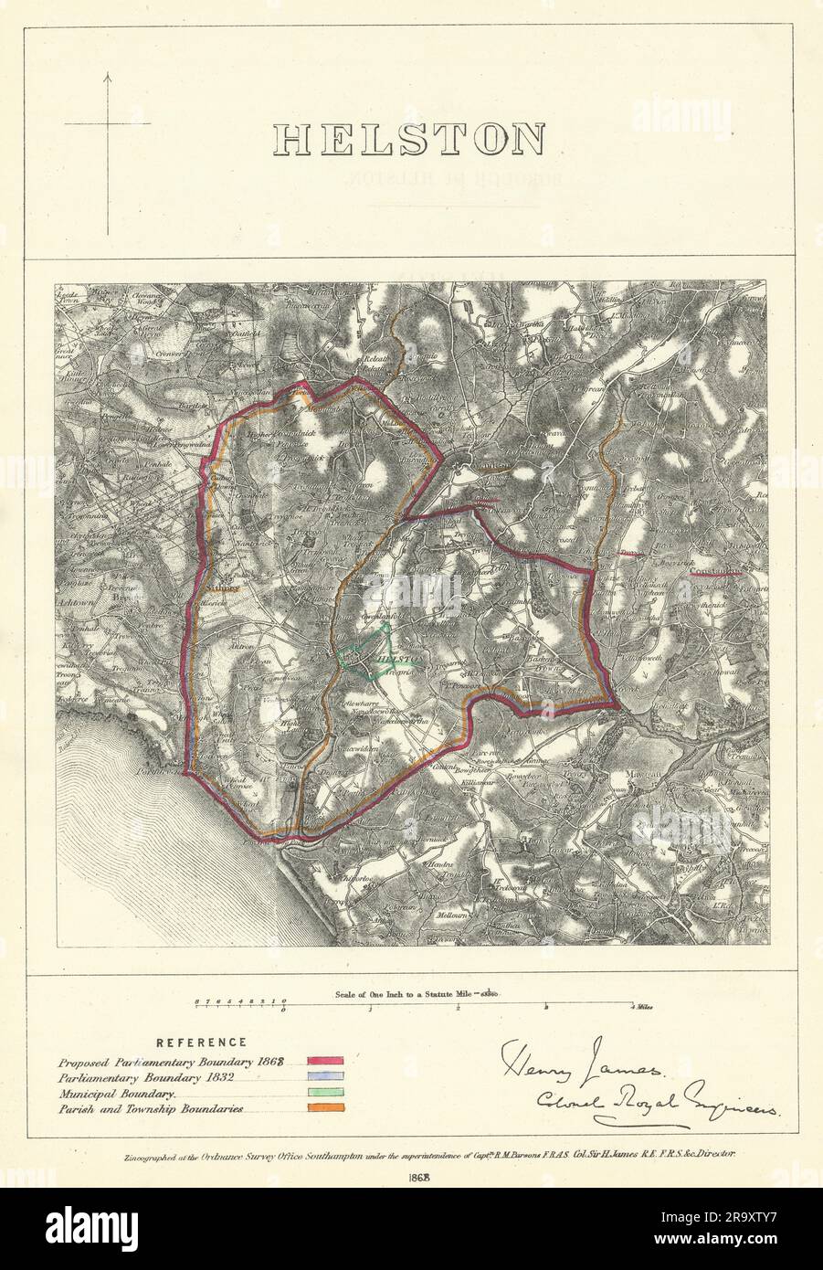Helston, Cornwall. JAMES. Commission parlementaire de la frontière 1868 ancienne carte Banque D'Images