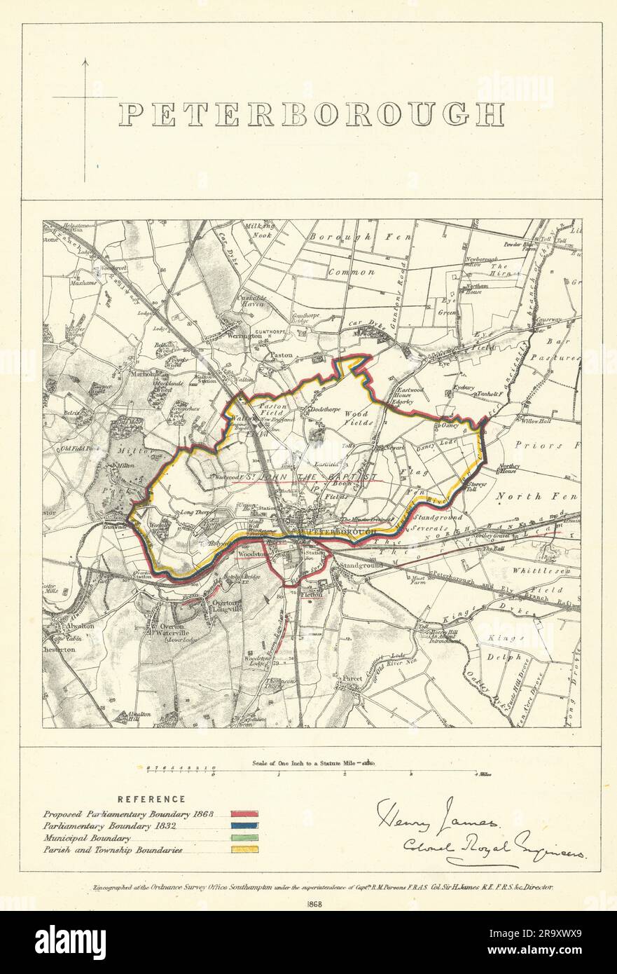 Peterborough, Northants. JAMES. Commission parlementaire de la frontière 1868 ancienne carte Banque D'Images