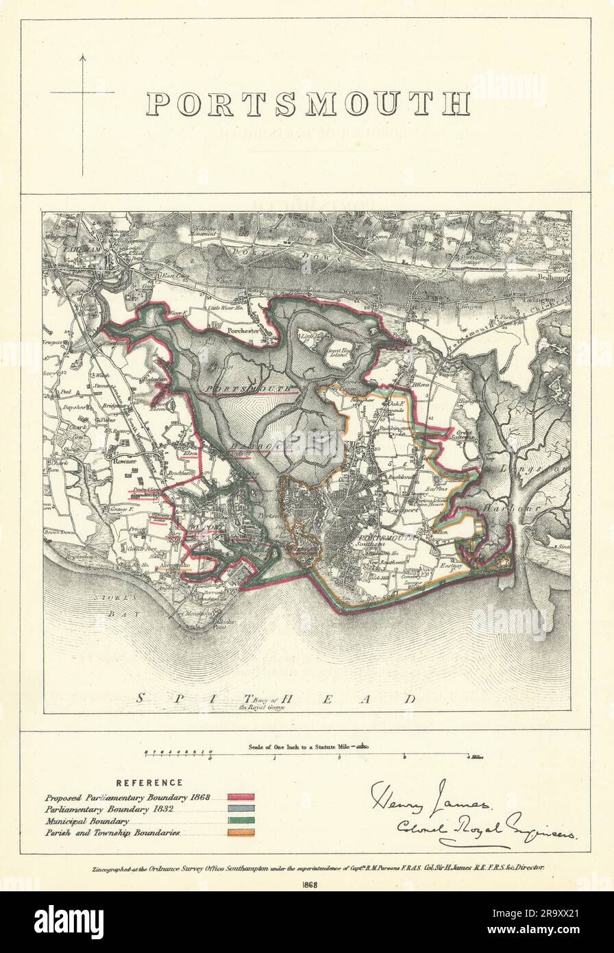 Portsmouth, Hampshire. JAMES. Commission parlementaire de la frontière 1868 ancienne carte Banque D'Images