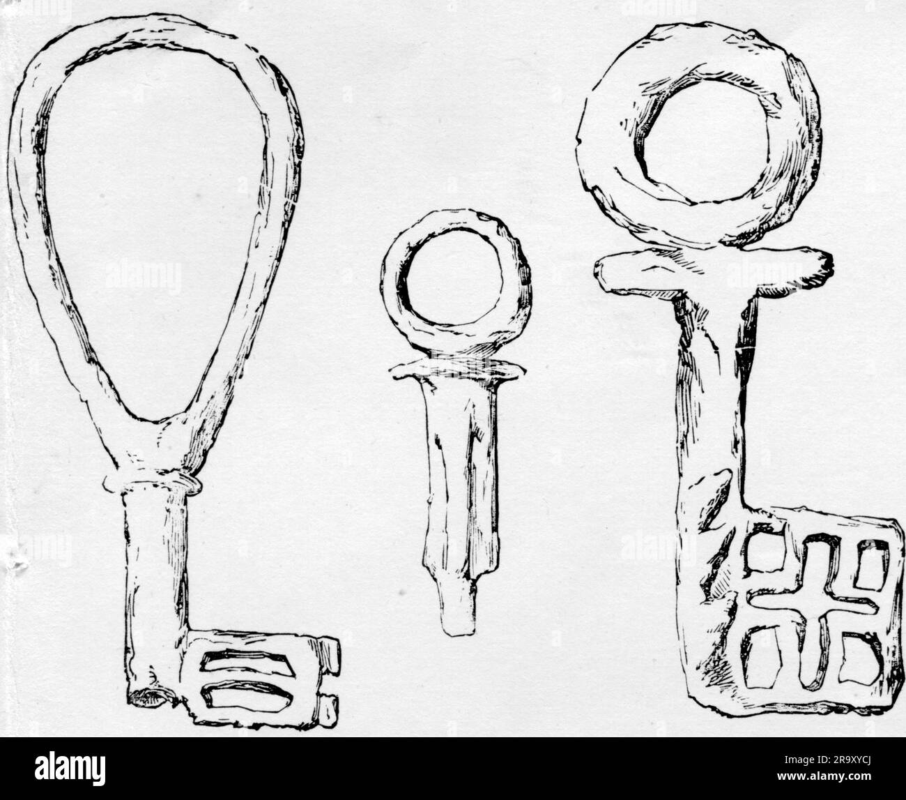 technics, serrures et clés, trois clés romaines de Pompéi et Herculanum, 1st siècle, British Museum, LE DROIT D'AUTEUR DE L'ARTISTE NE DOIT PAS ÊTRE AUTORISÉ Banque D'Images