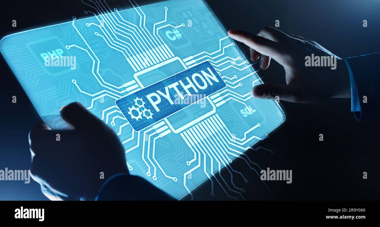 Langage de programmation de haut niveau Python. Concept de développement d'applications et Web sur écran virtuel. Banque D'Images