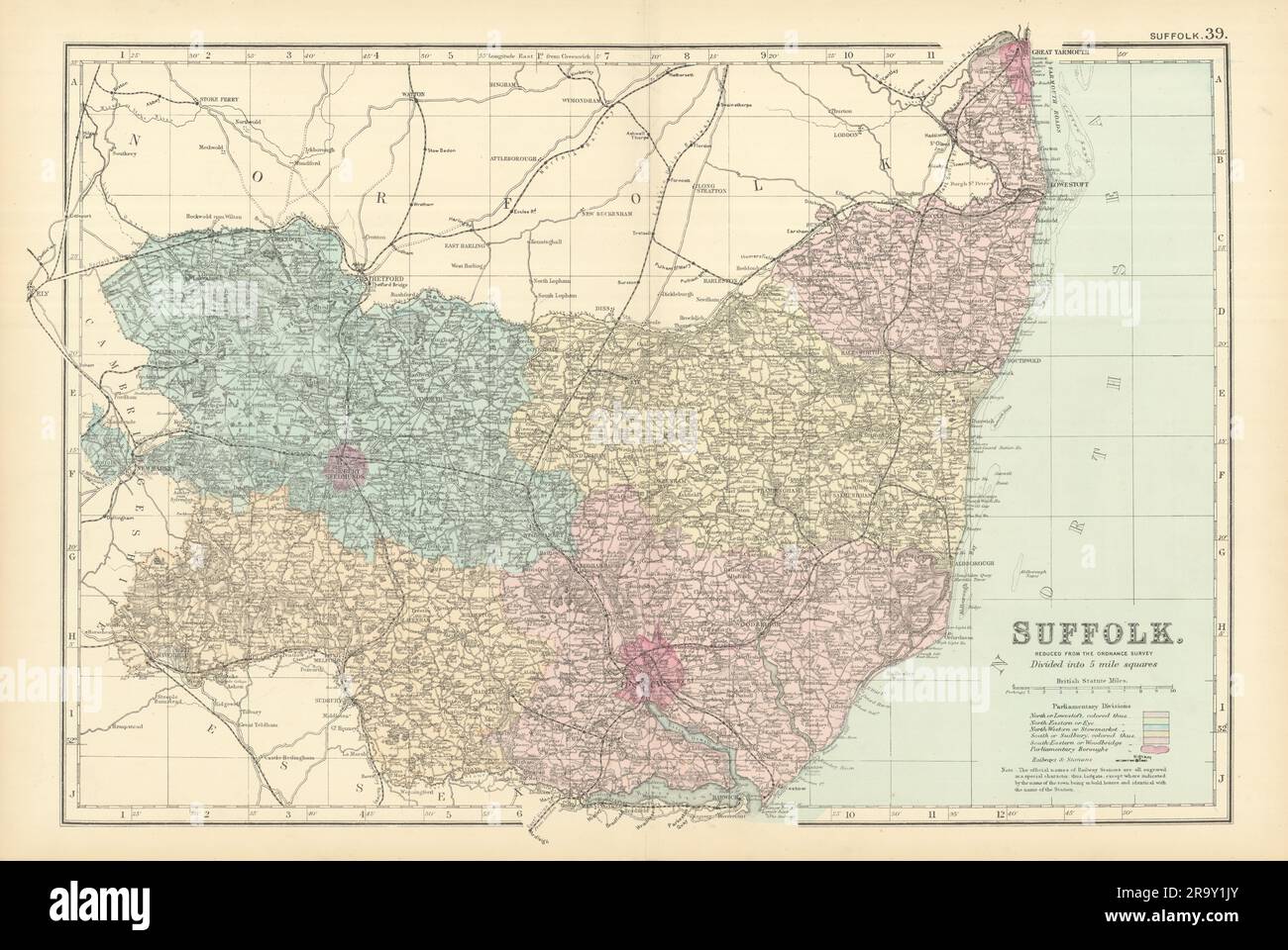 SUFFOLK carte du comté antique par GW BACON 1891 ancien plan de plan d'époque Banque D'Images