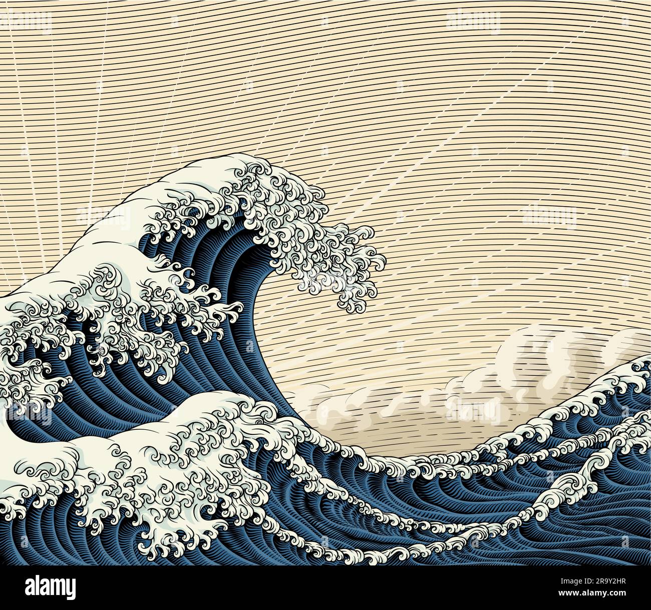 Japon Grande vague Mer Japon gravé Art Design Illustration de Vecteur