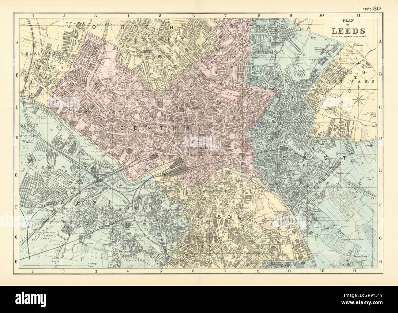 LEEDS Holbeck Wortley Headingley Brunswick Hunslet ville plan BACON 1891 carte Banque D'Images