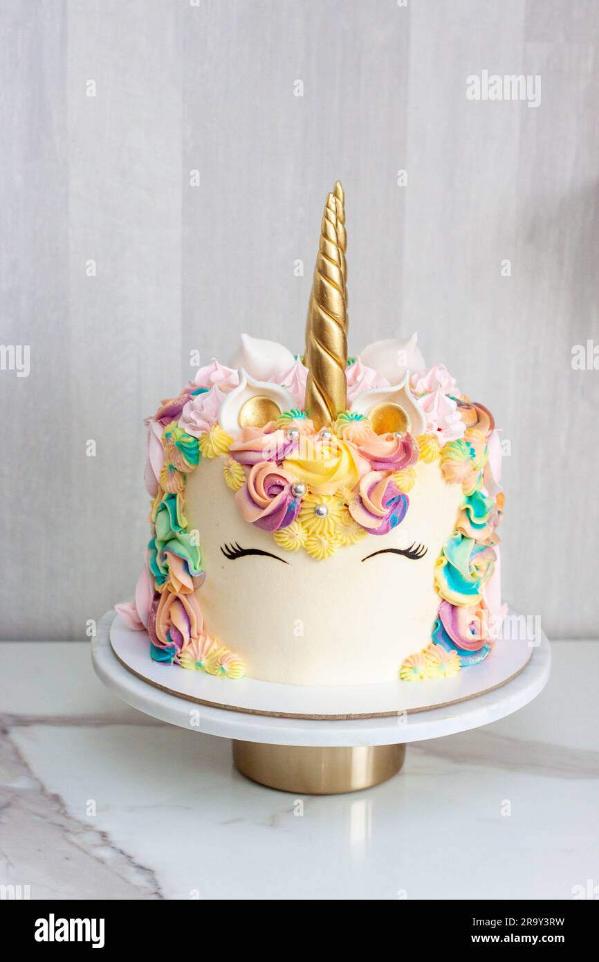 Gâteau UNICORN avec glaçage rose et copier l'espace sur le côté Banque D'Images