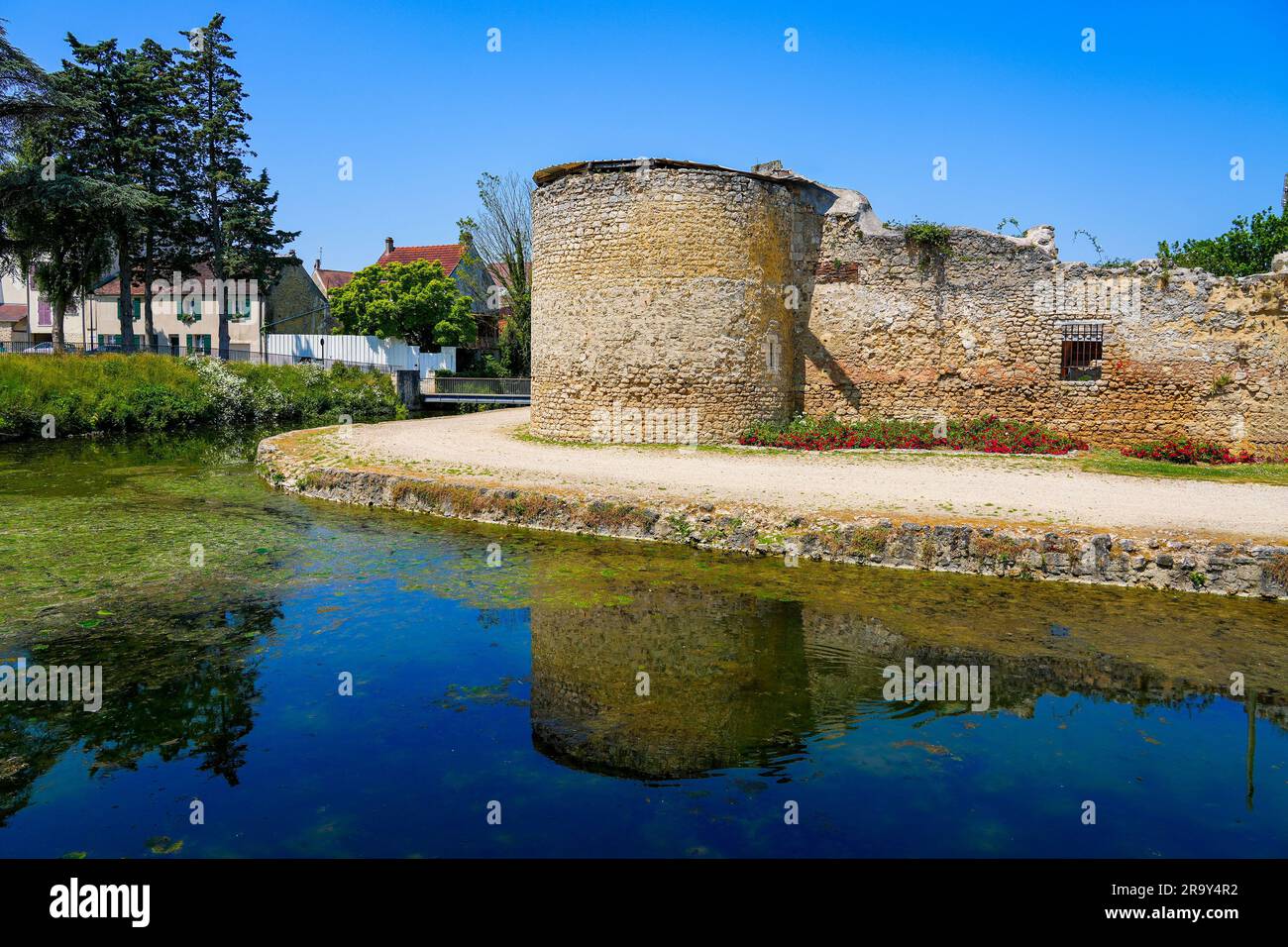 Fossé rempli d'eau sous la tour d'angle ronde du château médiéval de Brie Comte Robert dans le département français de Seine et Marne dans la capitale r Banque D'Images