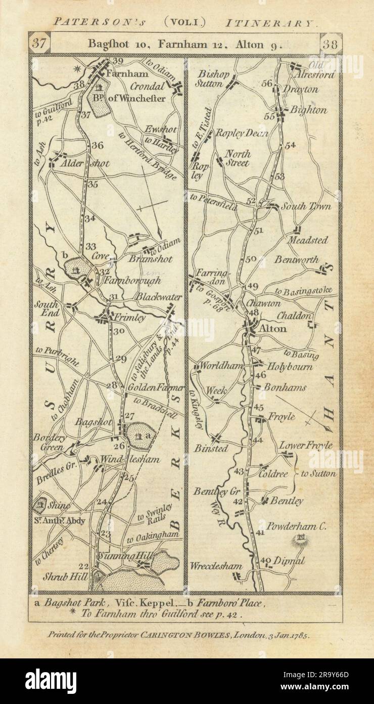 Carte routière de Bagshot-Aldershot-Farnham-Alton-Old Alresford PATERSON 1785 Banque D'Images