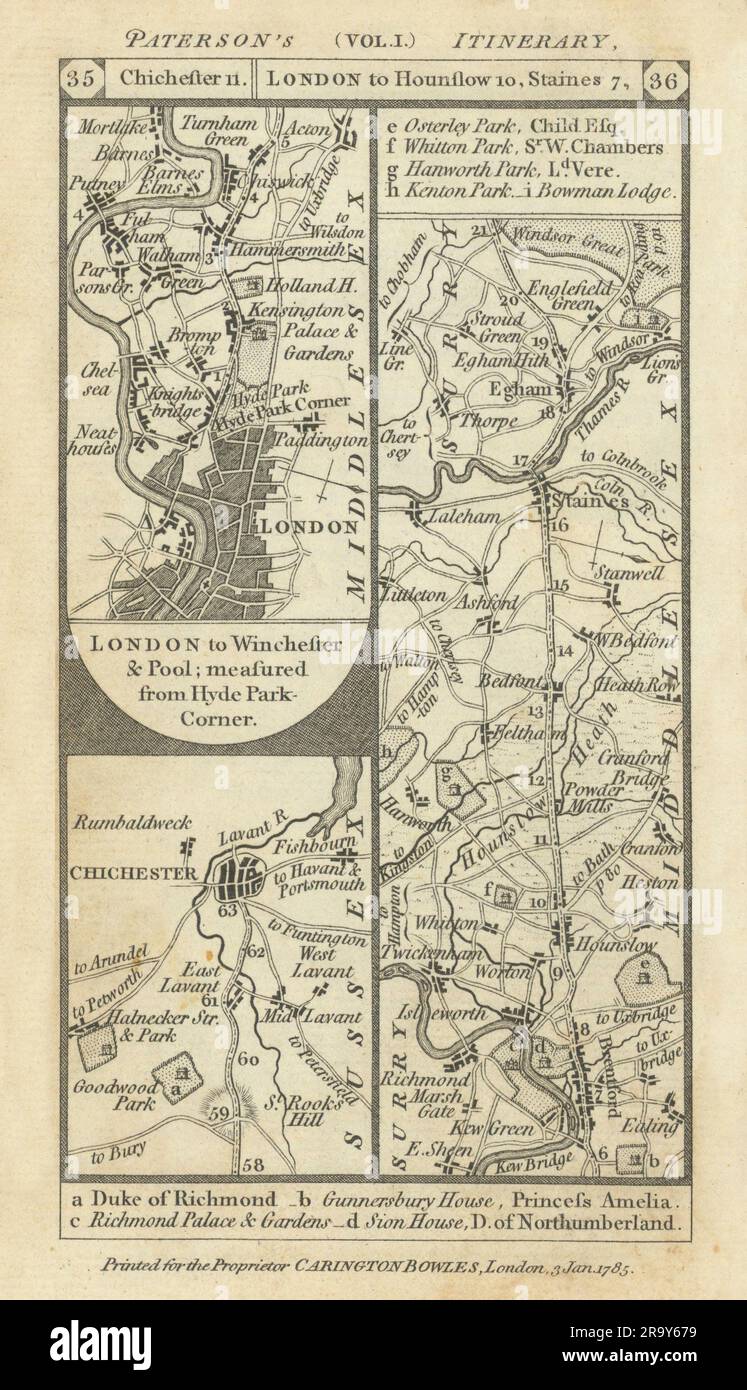 Fulham-Putney-Chiswick-Richmond-Staines-Egham carte routière PATERSON 1785 Banque D'Images