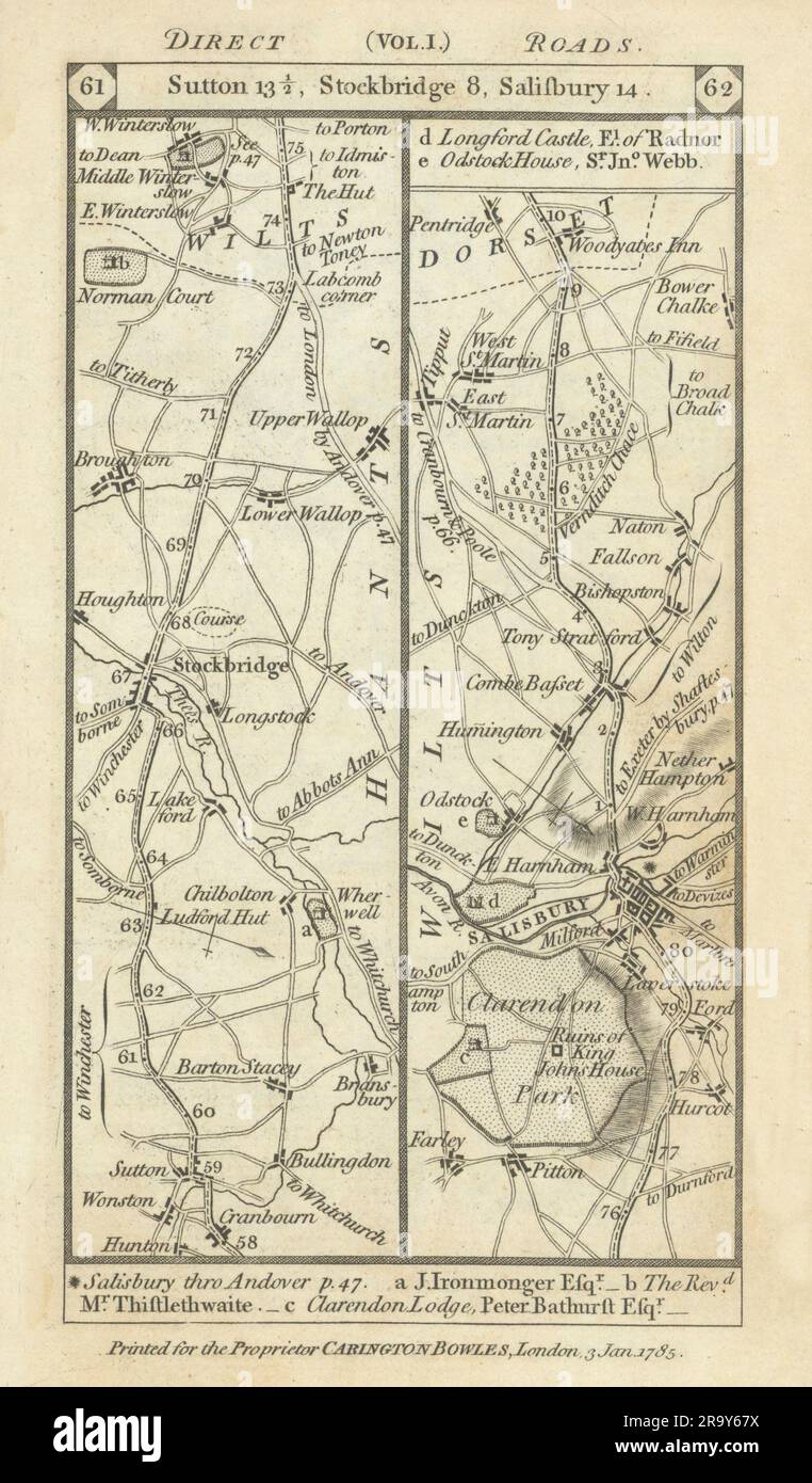 Wondston-Stockbridge-Wallop-Salisbury-Martin carte routière PATERSON 1785 Banque D'Images