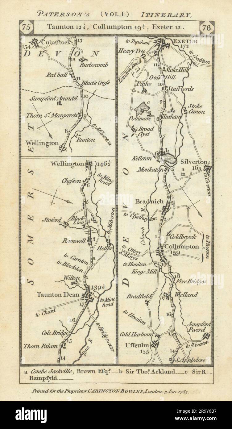Taunton-Wellington-Collompton-Silverton-Exeter carte routière PATERSON 1785 Banque D'Images