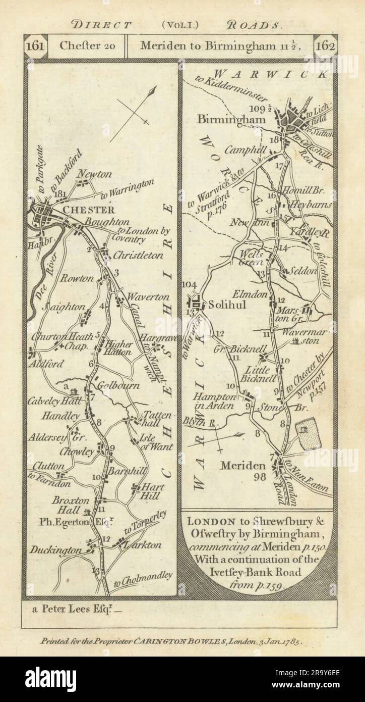 Handley-Chester. Meriden-Solihull-Birmingham carte routière PATERSON 1785 Banque D'Images