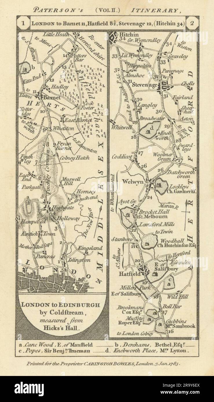 Hampstead-Barnett-Hatfield-Welwyn-Stevenage carte routière PATERSON 1785 Banque D'Images