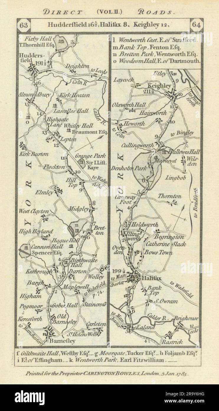 Barnsley - Huddersfield - Halifax - Keighley carte routière PATERSON 1785 Banque D'Images