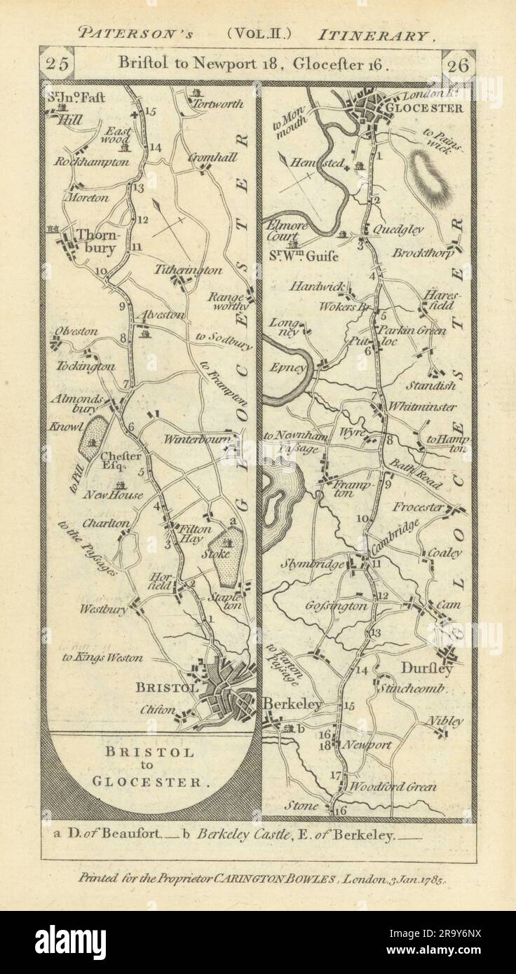 Bristol-Dursley-Whitminster-Gloucester carte du chemin PATERSON 1785 Old Banque D'Images