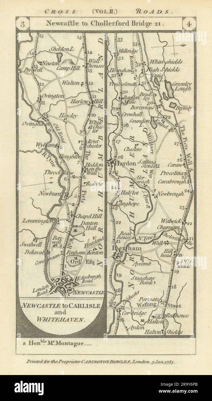 Newcastle-upon-Tyne - Hexham - Haydon Bridge carte routière PATERSON 1785 Banque D'Images