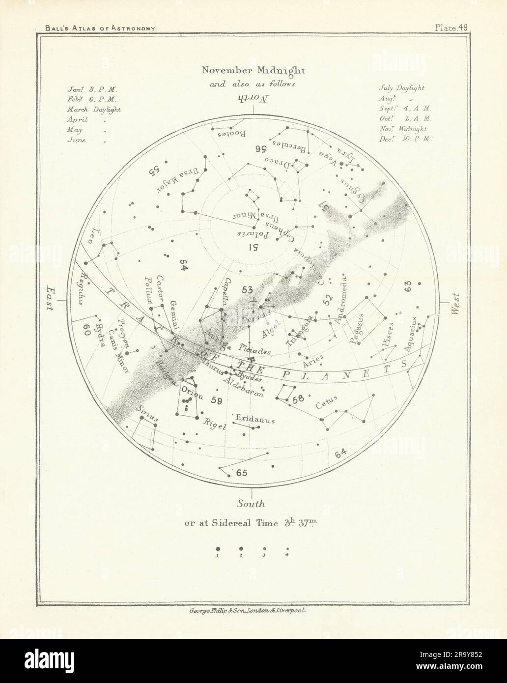 Tableau des étoiles du ciel nocturne - novembre minuit par Robert ball. Carte de l'astronomie 1892 Banque D'Images