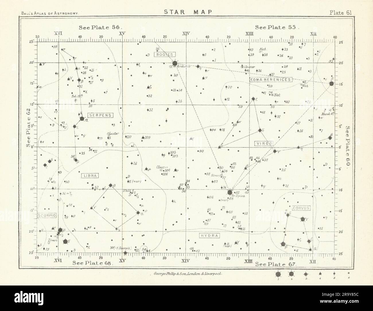 Carte des étoiles ciel nocturne Bootes Corvus Hydra Balance Scorpion Serens Virgo 1892 Banque D'Images