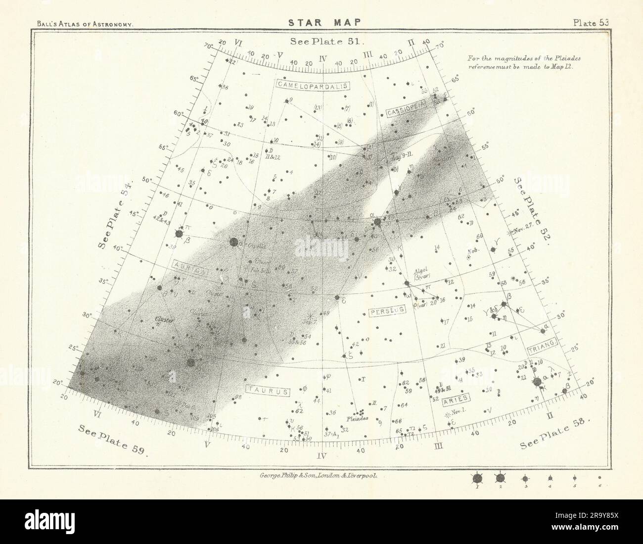 Plan des étoiles ciel nocturne Aries Auriga Cassiopeia Perseus Taurus Triangula 1892 Banque D'Images