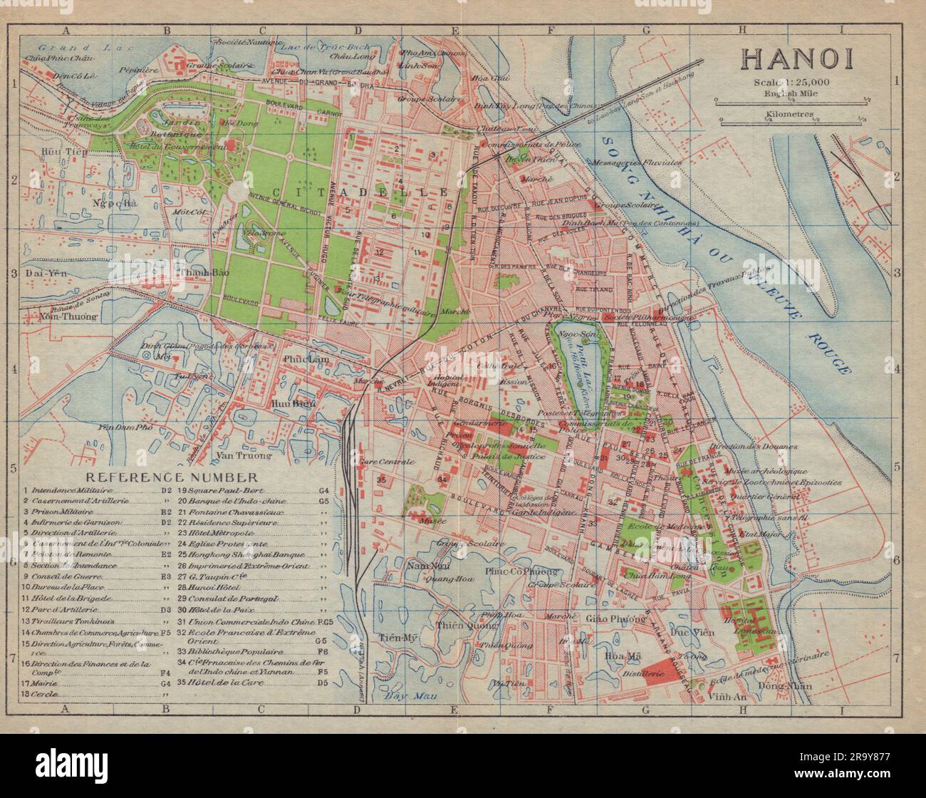 Plan ville antique de Hanoi. Vietnam 1917 carte ancienne Banque D'Images