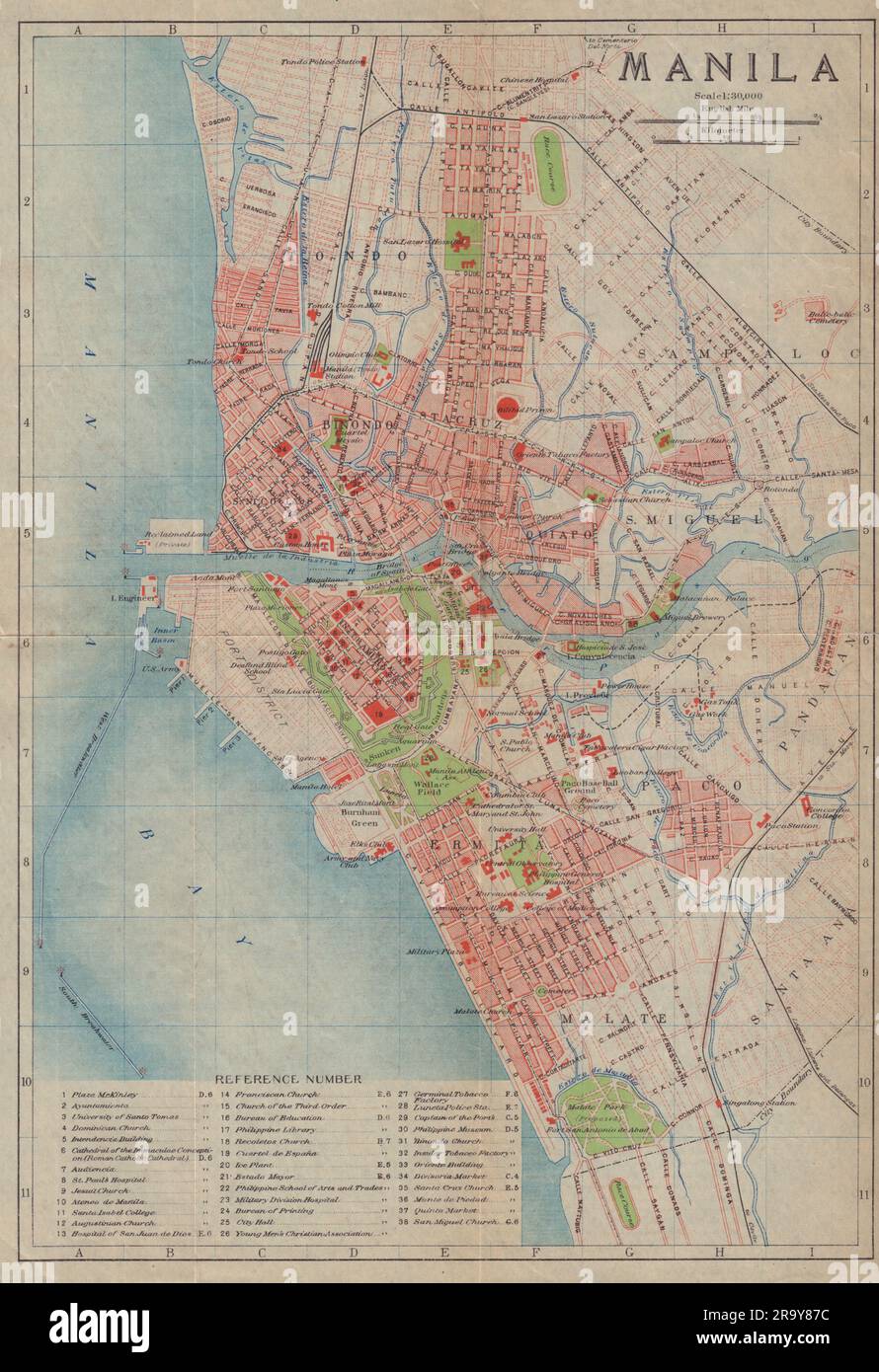 Ville antique de Manille plan de ville. Philippines 1917 carte ancienne Banque D'Images