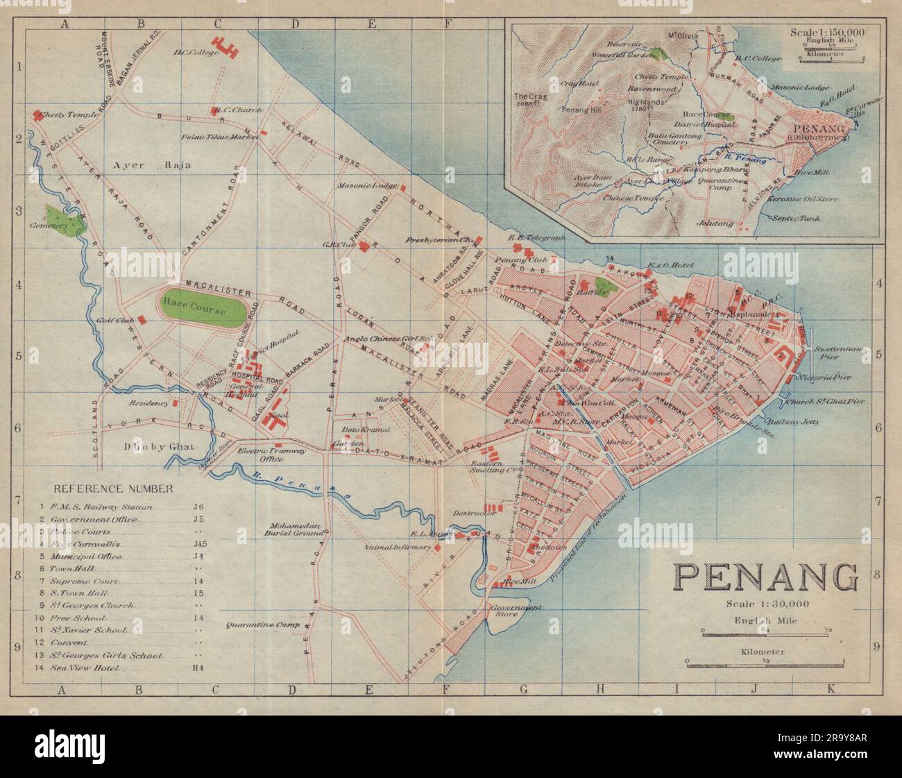 George Town, Penang ville antique plan de ville. Malaisie 1917 ancienne carte Banque D'Images