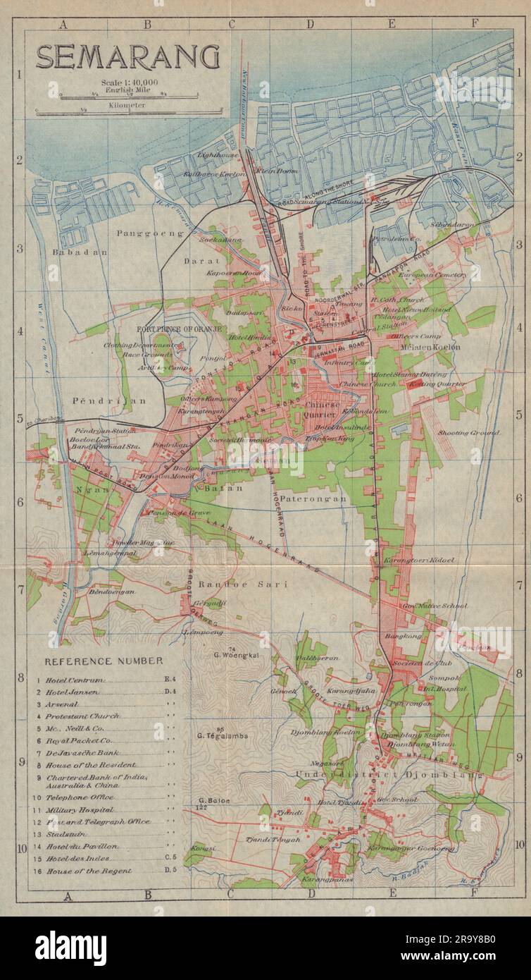 Semarang ville antique plan de ville. Java central. Indonésie 1917 ancienne carte Banque D'Images