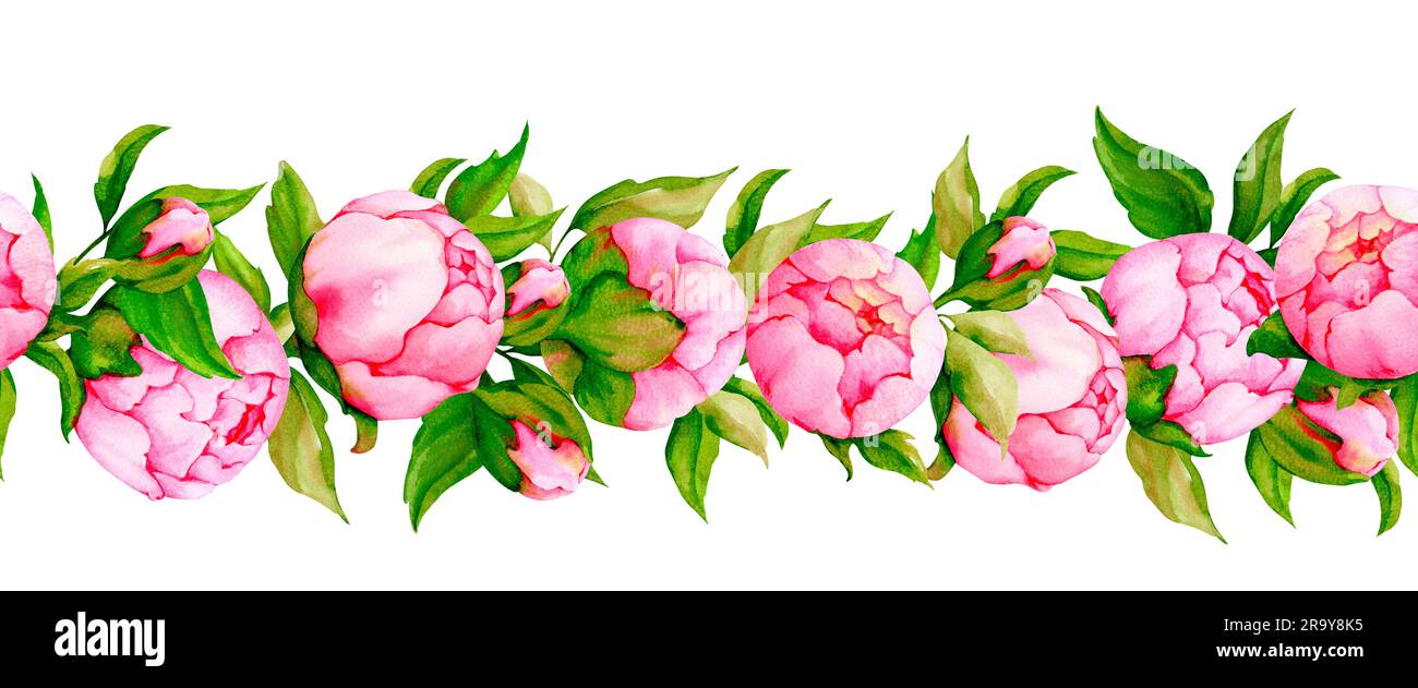 Bordure sans couture aquarelle de pivoines roses. Pour la conception des invitations, félicitations, emballage, papeterie, annonces, ventes, impression sur texte Banque D'Images