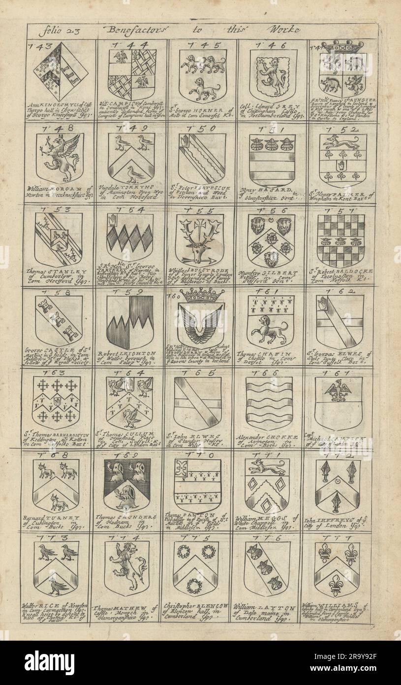 Armoiries familiales de bienfaiteurs au Britannia de Blome. Folio 23 #743-777 1673 Banque D'Images